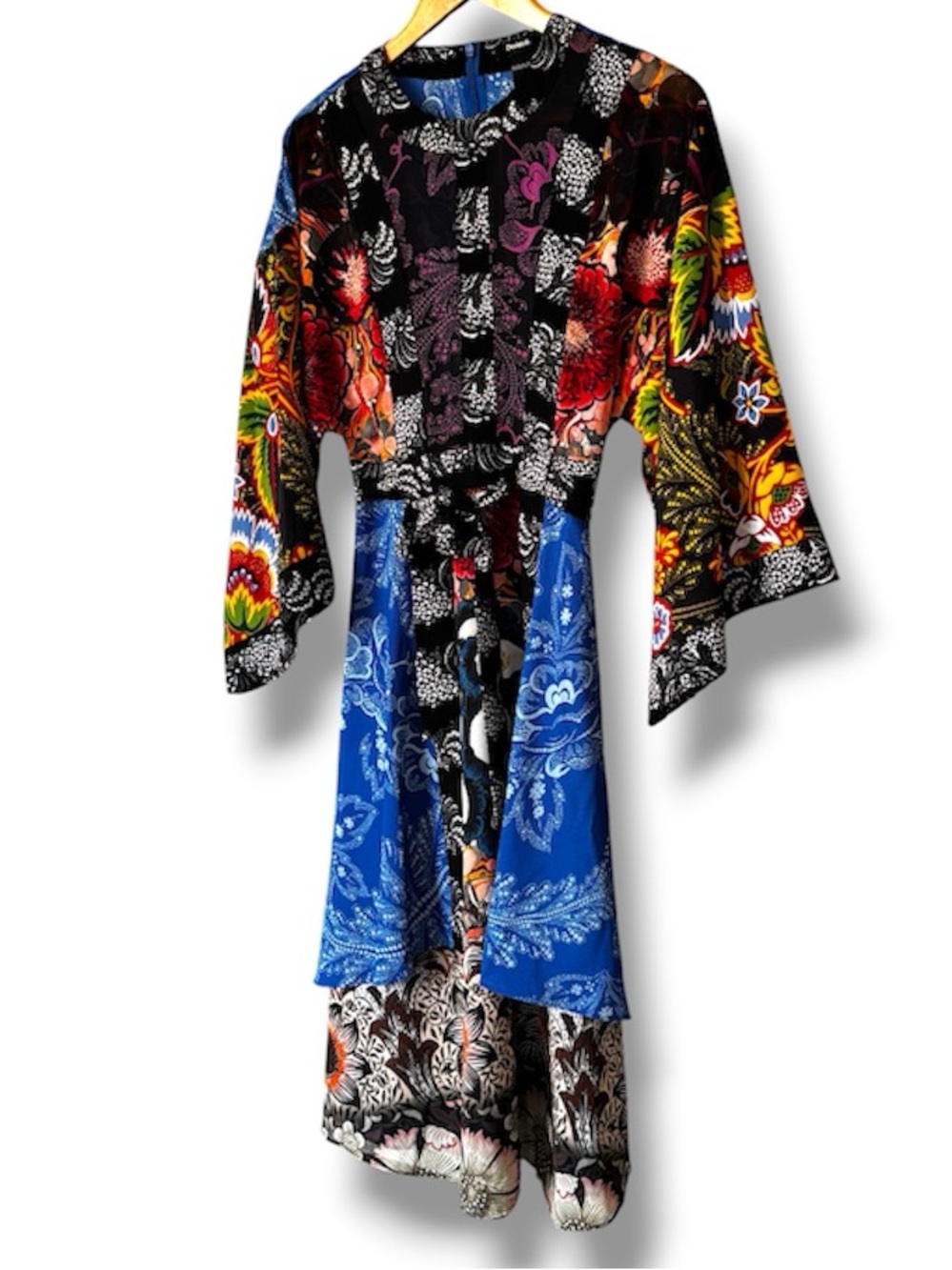 DESIGUAL Mixed Print Patchwork Kimono Sleeve Belted Midi Dress | Size 36 / S - Picture 5 of 11